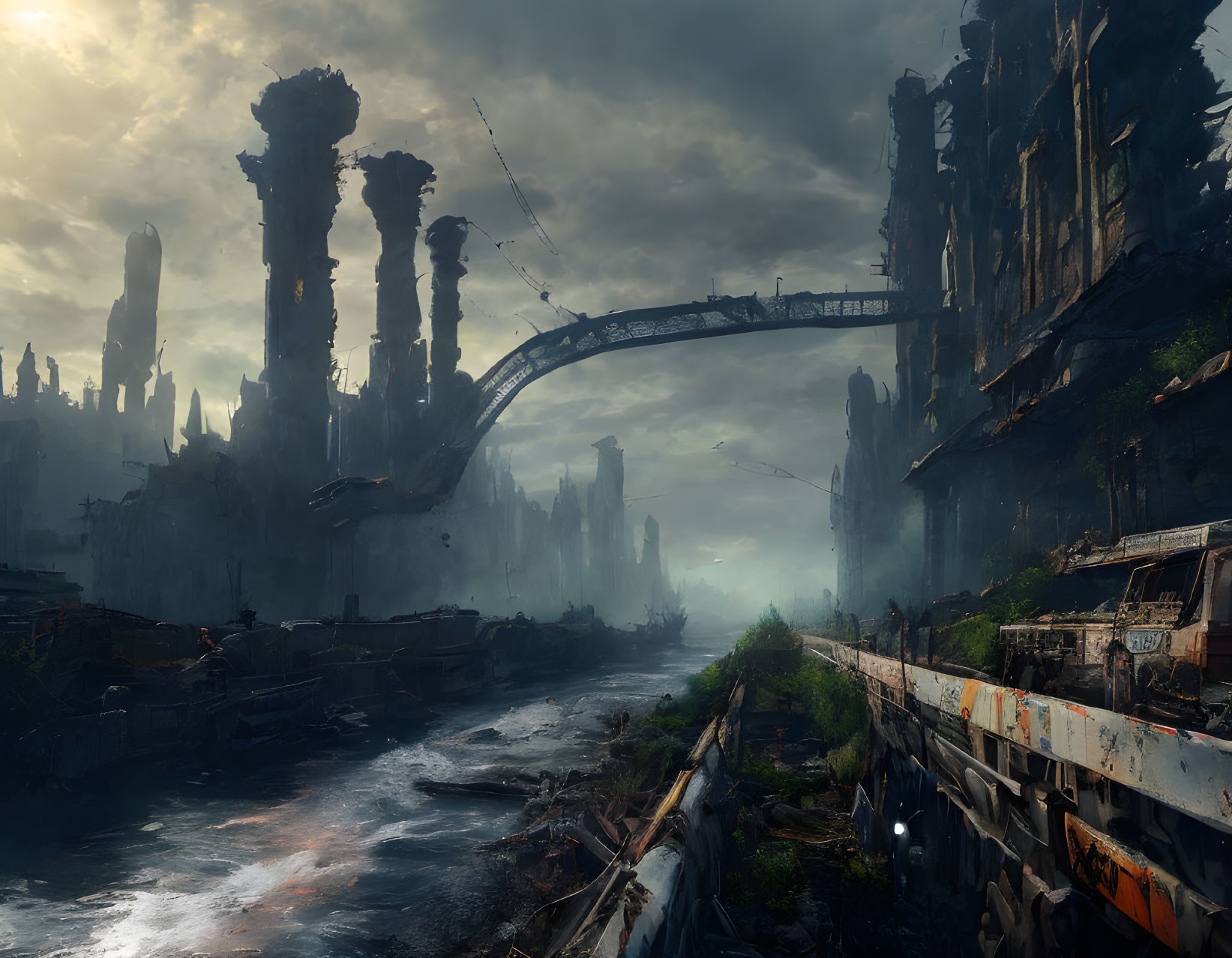 Dystopian landscape with dilapidated buildings and broken bridge