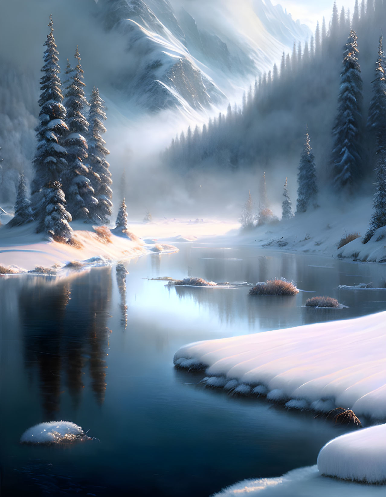 Serene river with snow-covered evergreens and mountains in soft light