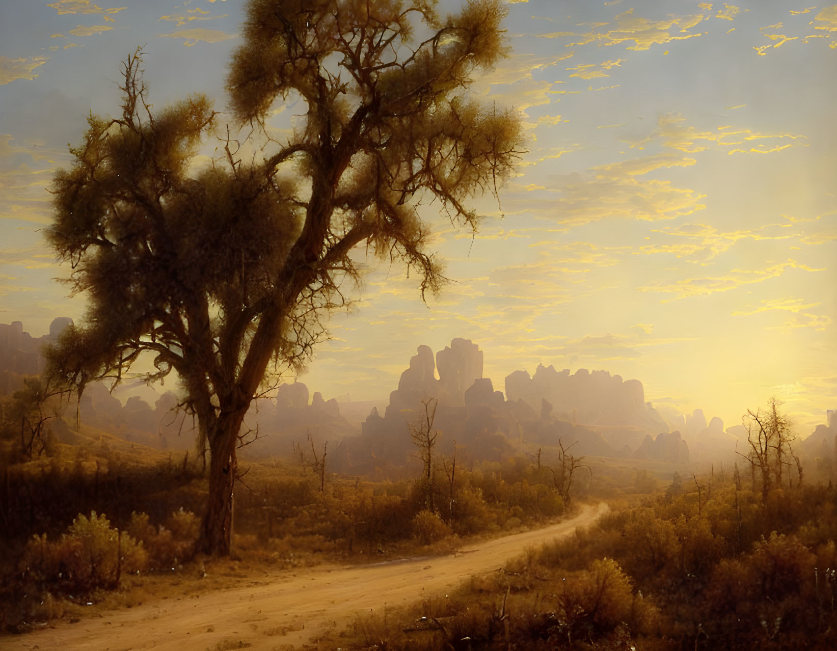 Scenic sunset view with golden sky, dirt road, rocky formations, and solitary tree.