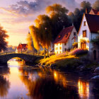 Traditional houses by river at sunset with stone bridge and blooming flowers