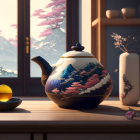 Traditional teapot, cup, vase, cherry blossoms, Mount Fuji view