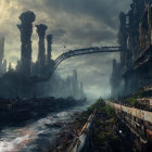 Dystopian landscape with dilapidated buildings and broken bridge