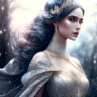 Fantasy woman digital art: flowing hair, embellished gown, jeweled crown, mystical forest.