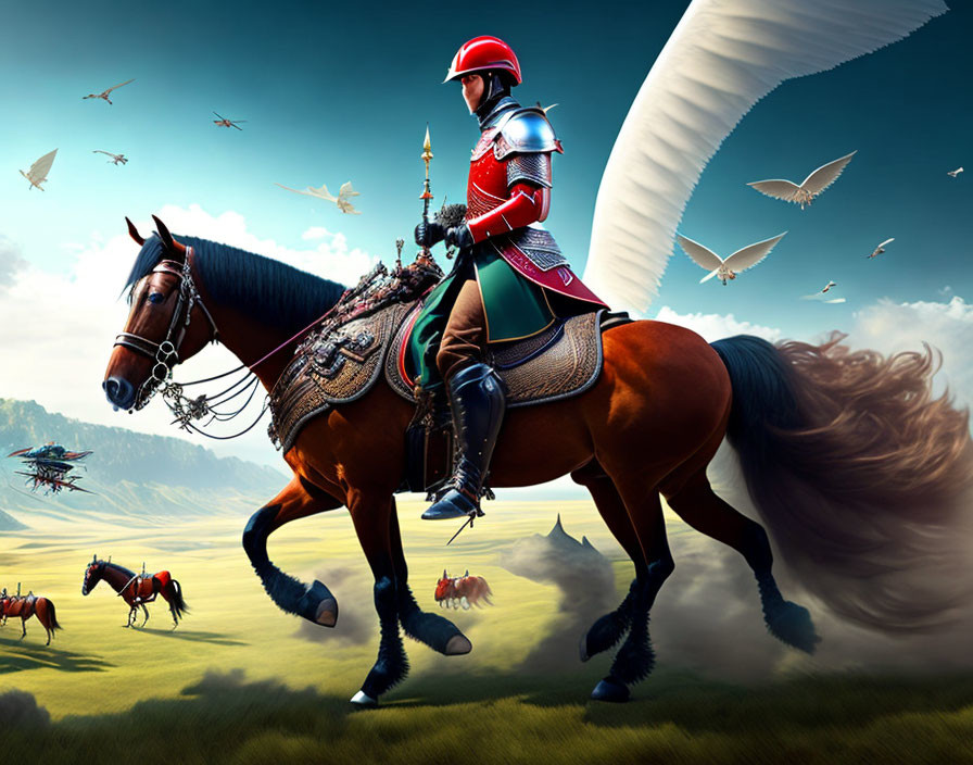 Futuristic red armored knight on horse in green field with flying machines