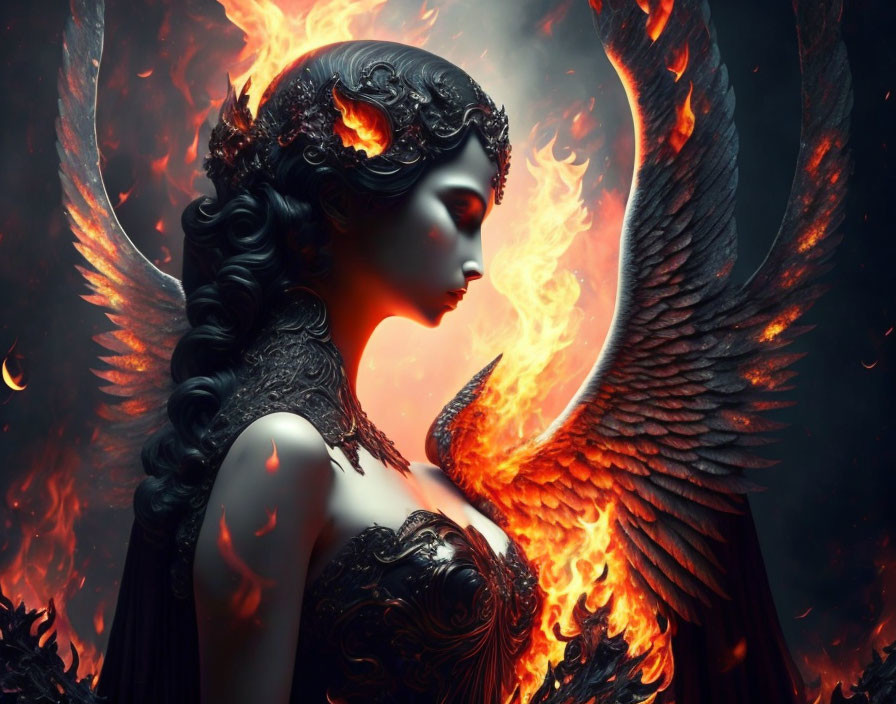 Fantastical image of woman in dark armor with flaming wings on fiery backdrop