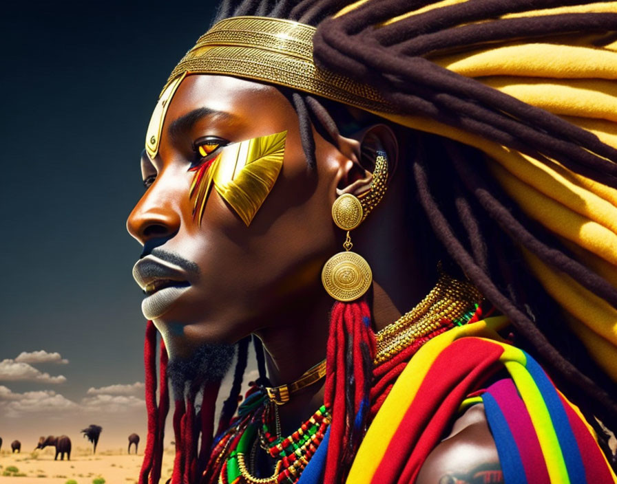 Traditional face paint and accessories against desert backdrop