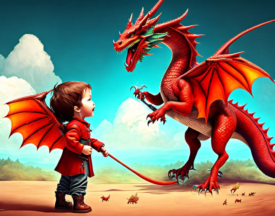 Child in red coat with large red dragon in surreal landscape