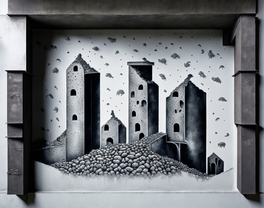 Monochrome mural featuring textured cityscape, towers, rocks, and birds in alcove.