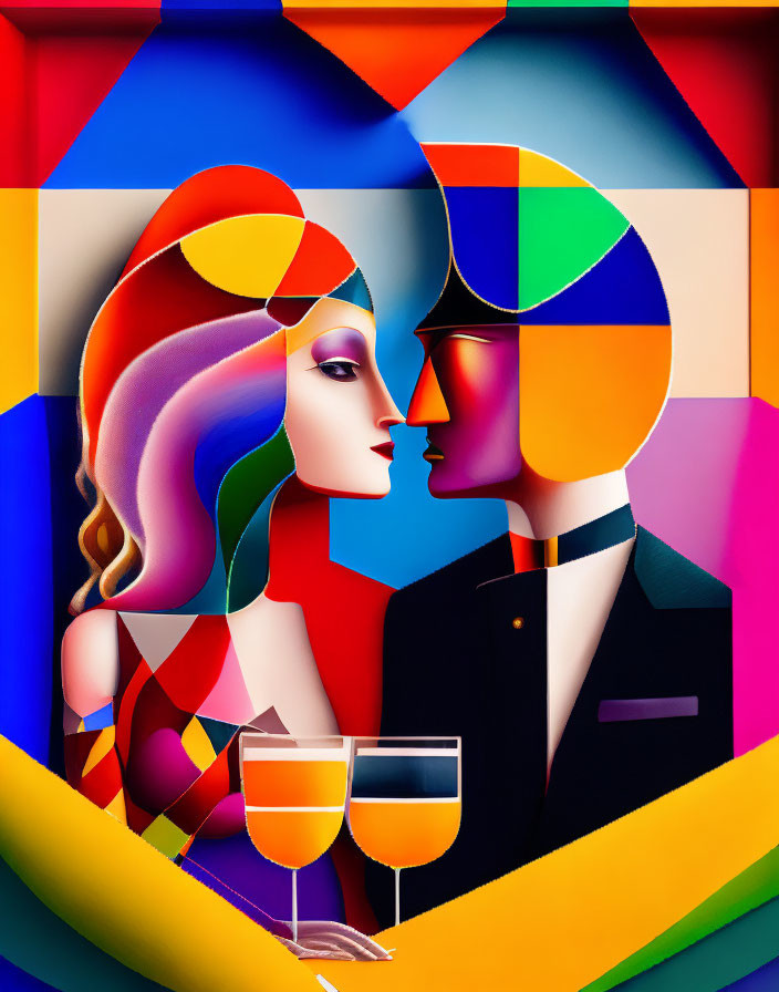 Vibrant cubist-style artwork of man and woman with geometric faces and wine glasses