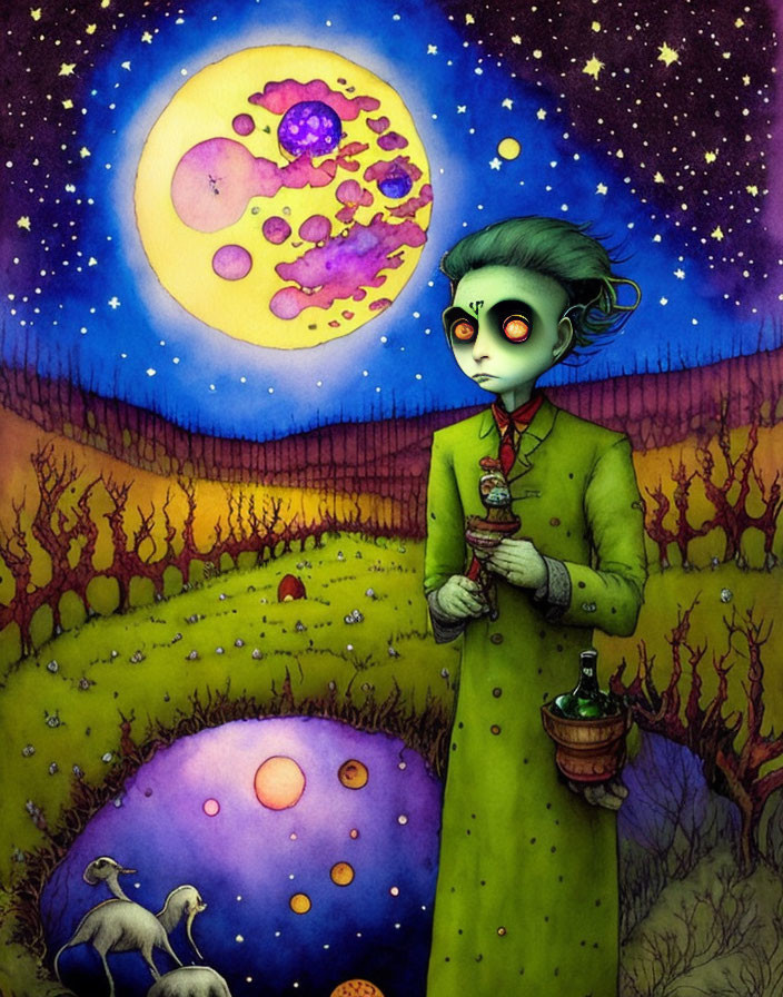 Green-skinned character in coat with candle in vibrant otherworldly landscape