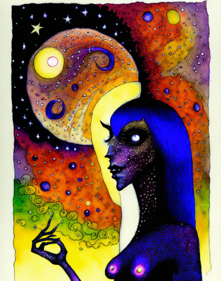 Vibrant cosmic profile with moon, stars, and woman against night sky