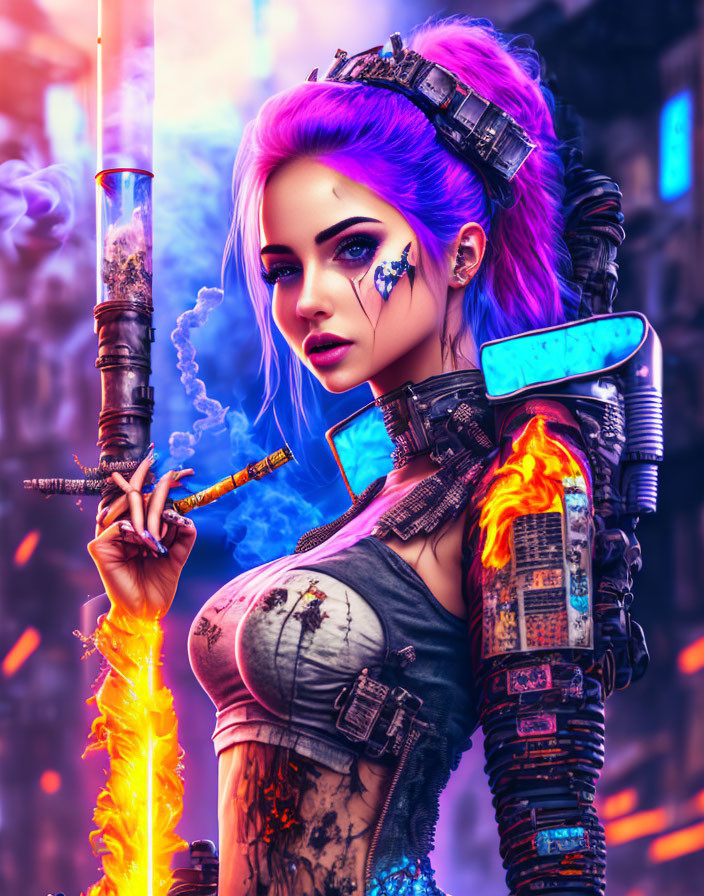 Vivid Purple Hair Woman with Cybernetic Enhancements in Neon Futuristic Setting