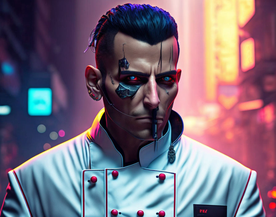 Futuristic cybernetic male with mohawk and facial implants in neon cityscape.