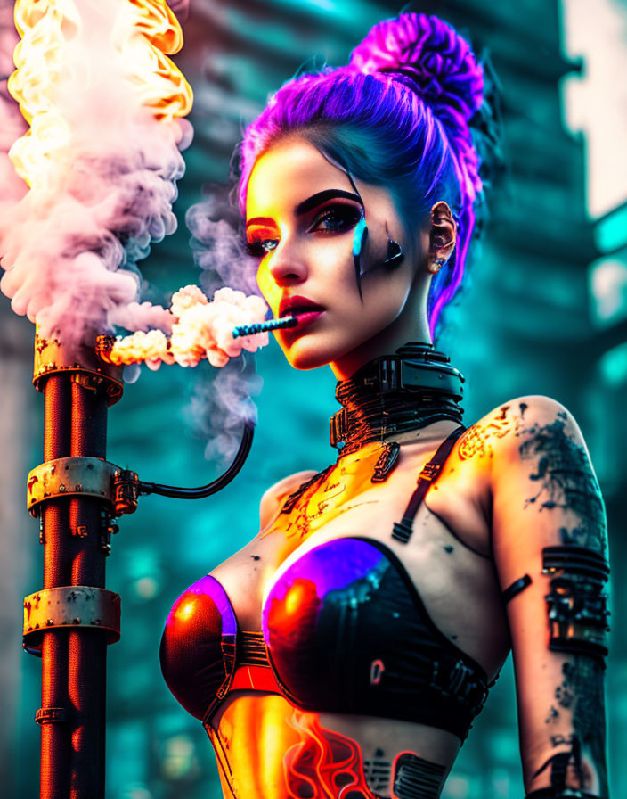 Purple-haired female cyborg exhales smoke in neon-lit urban scene