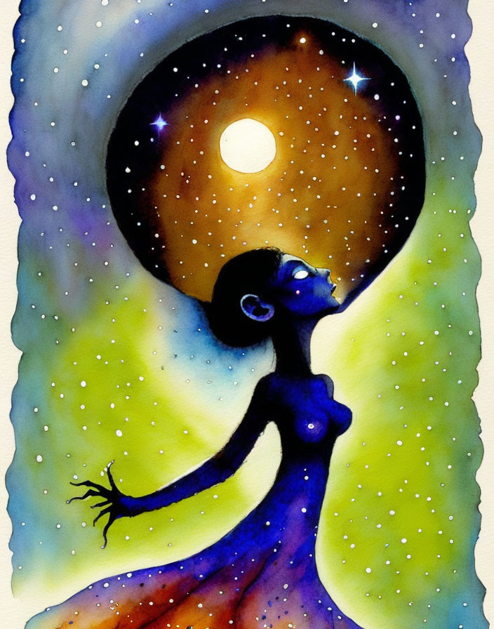 Stylized woman in watercolor with full moon and stars