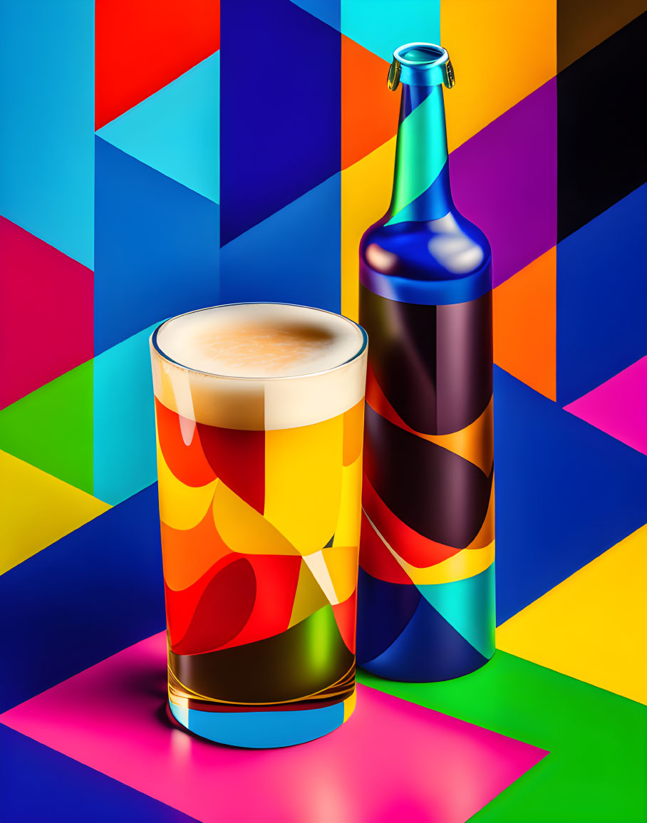 Colorful Beer and Bottle on Geometric Background