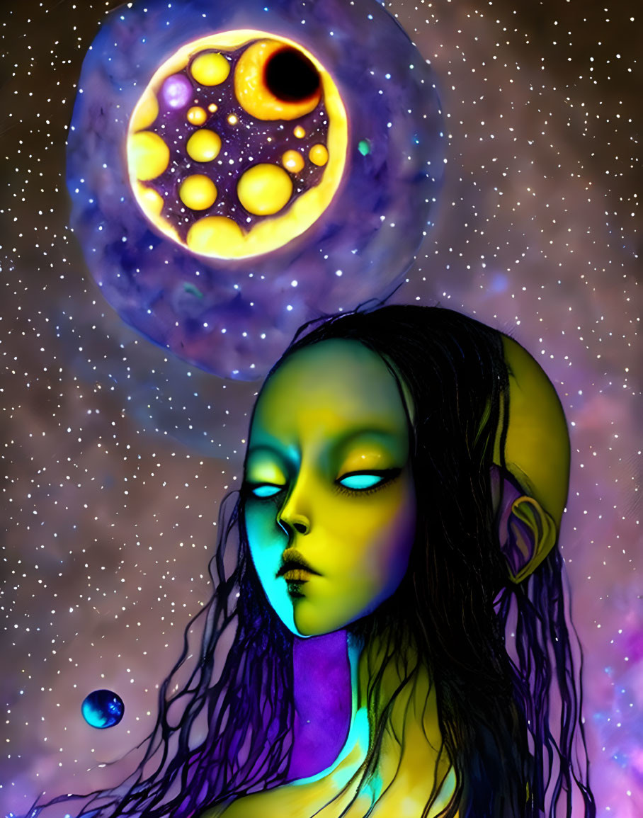 Luminescent alien creature on cosmic background with moon and stars