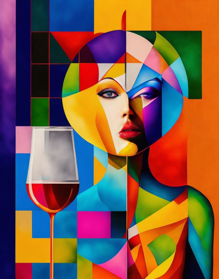 Colorful geometric painting of woman's face and wine glass on purple backdrop