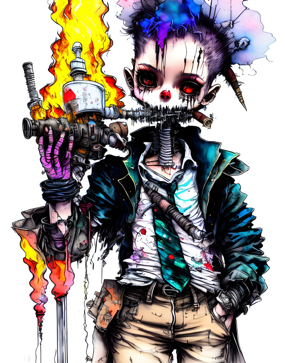 Vibrant illustration of zombie character with flaming torch arm & eye patch