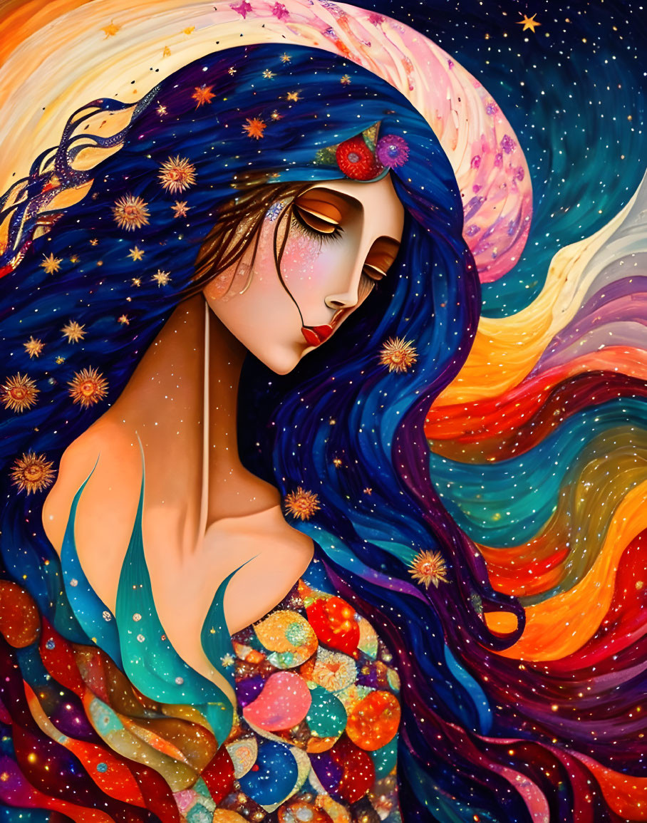 Colorful artwork: Woman with blue hair and cosmic attire surrounded by stars