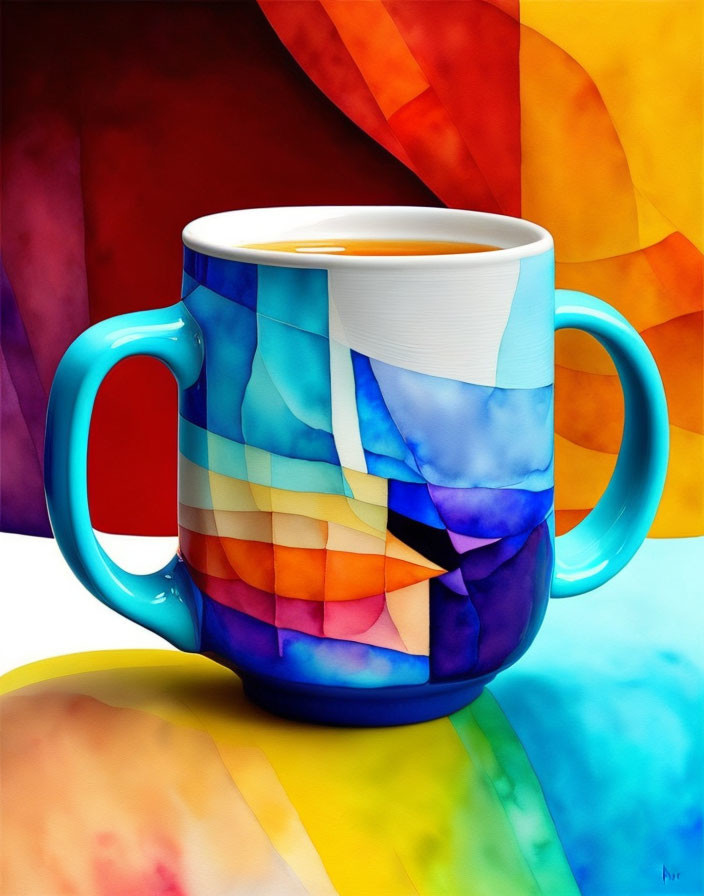 Colorful Abstract-Patterned Mug on Blue Handle and Multicolored Background