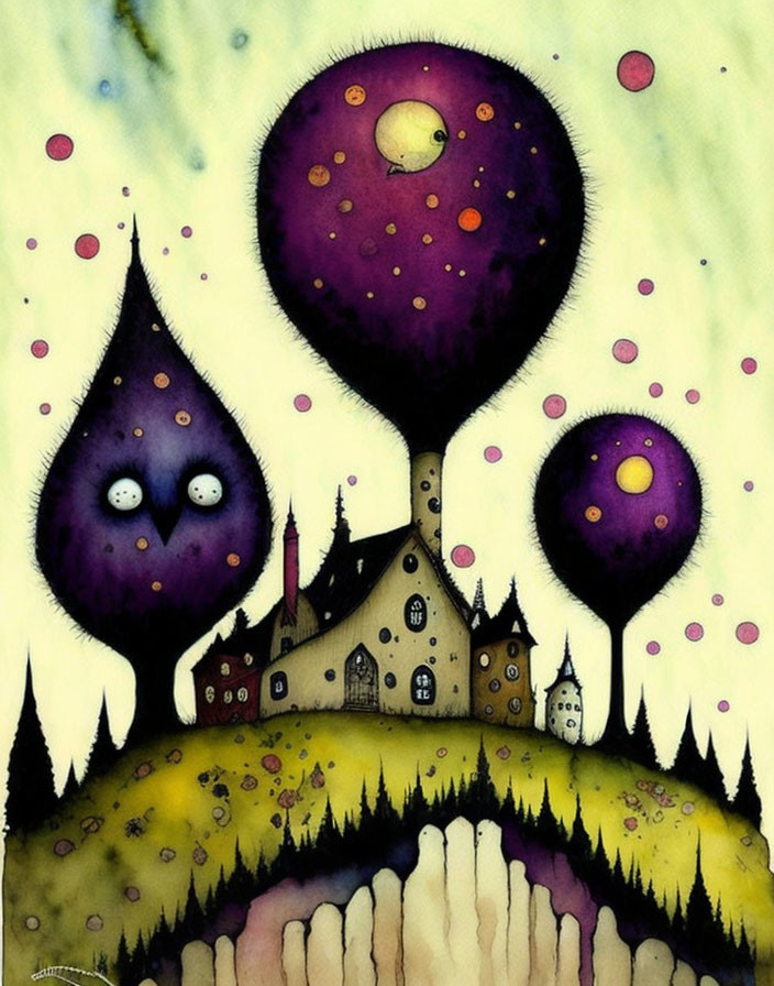 Whimsical painting of village on hill with oversized purple trees and starry sky