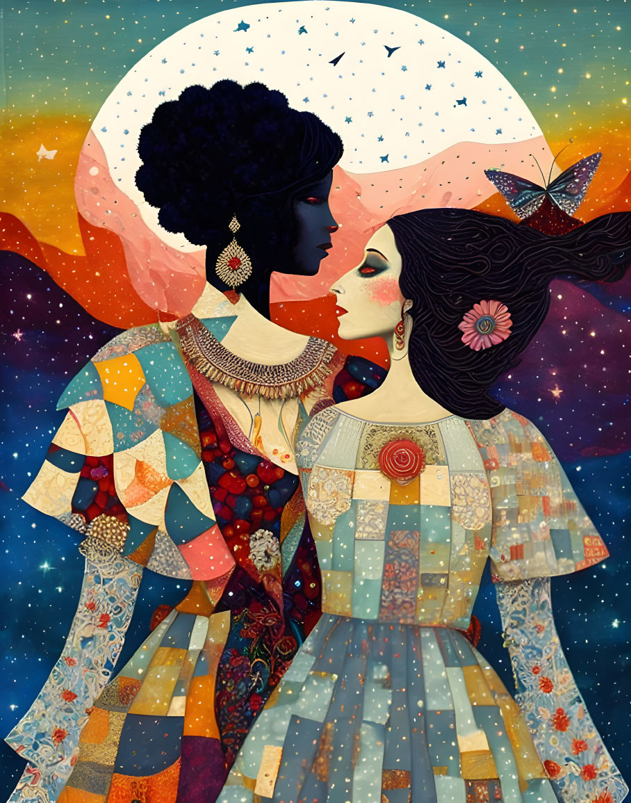 Illustration of two people embracing under a moon with a butterfly.