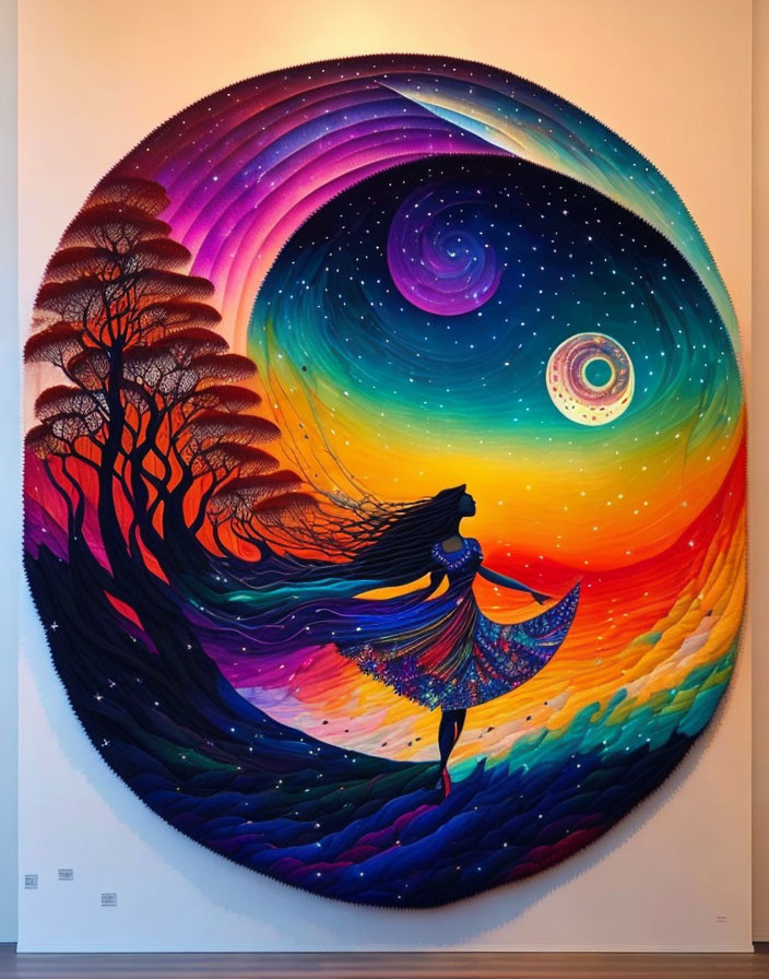 Colorful Circular Painting: Whimsical Night-to-Day Gradient with Dancing Woman, Trees, Celestial