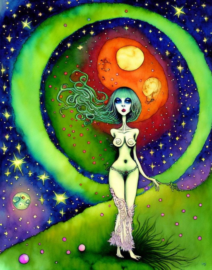 Blue-skinned female figure in cosmic setting with stars and planets