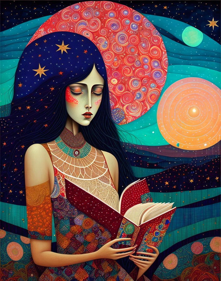 Stylized illustration of woman with starry hair reading book surrounded by celestial bodies.