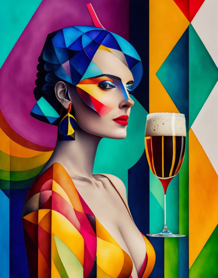 Colorful portrait of stylized woman with geometric patterns holding beer glass on abstract background