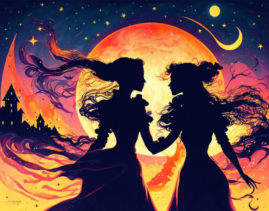 Silhouetted figures holding hands in cosmic scene with moon, stars, and castle