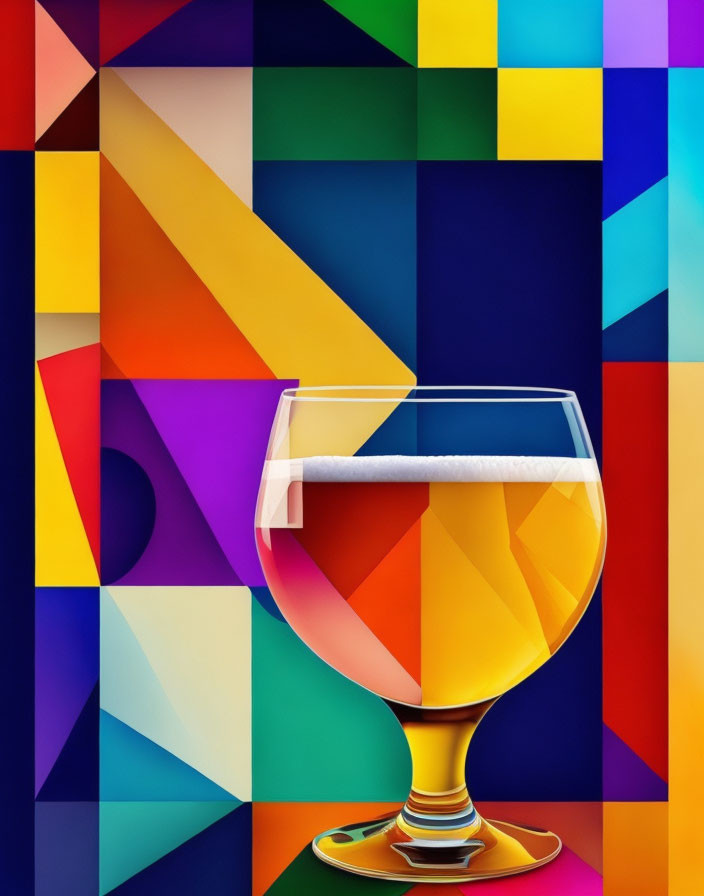 Foamy beer glass on vibrant geometric background