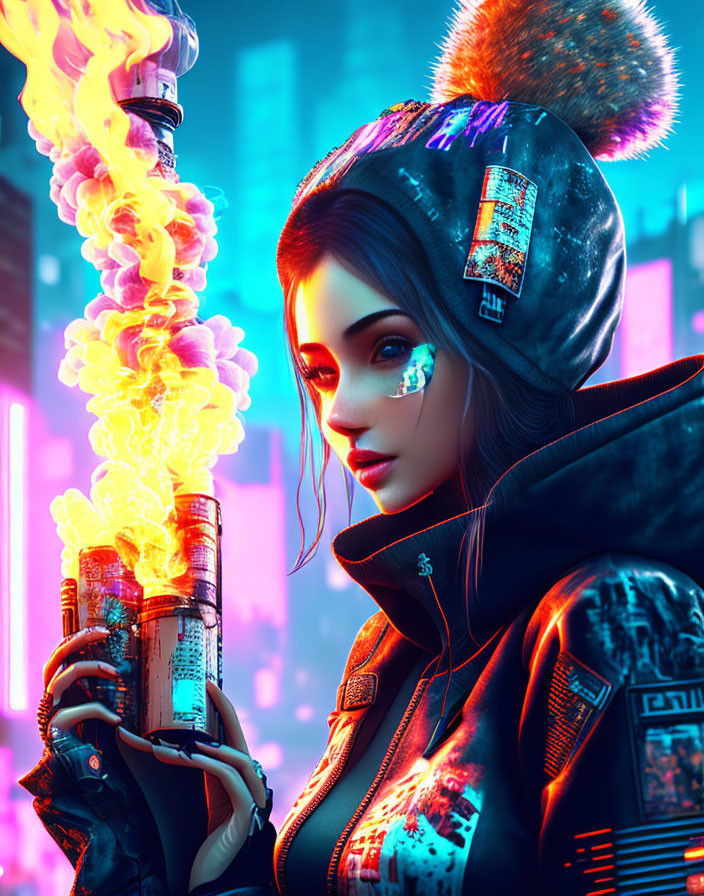 Woman with futuristic glowing device in neon-lit cityscape setting