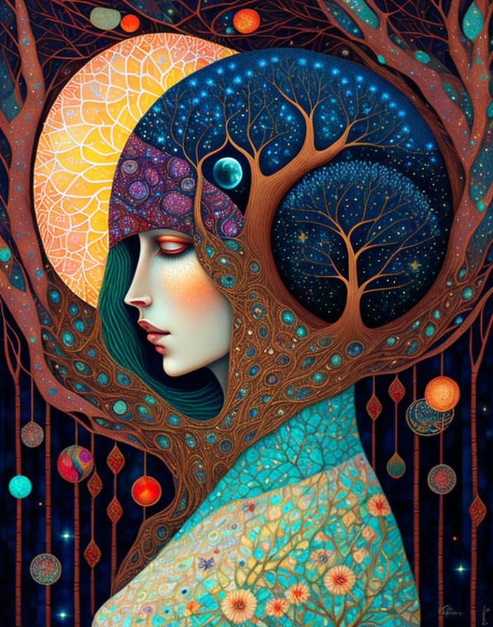 Illustration of woman with tree hair, nature and astrology themes, intricate patterns.