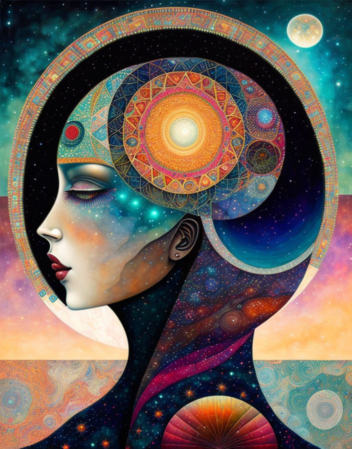 Vibrant woman's profile with cosmic mandala patterns on starry space background