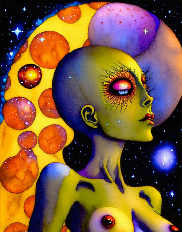 Cosmic-themed humanoid figure with starry eyes and planets motif