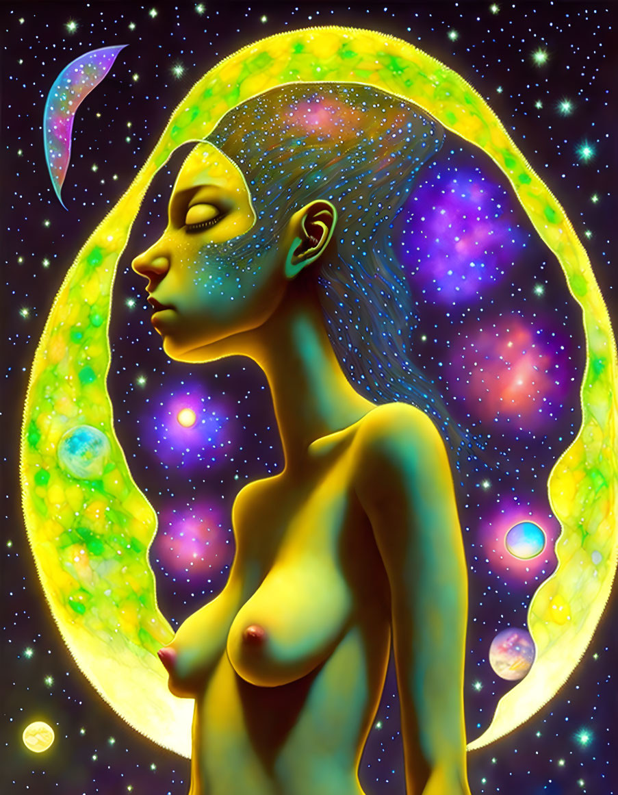 Cosmic-themed side profile portrait of a woman with glowing crescent and stars