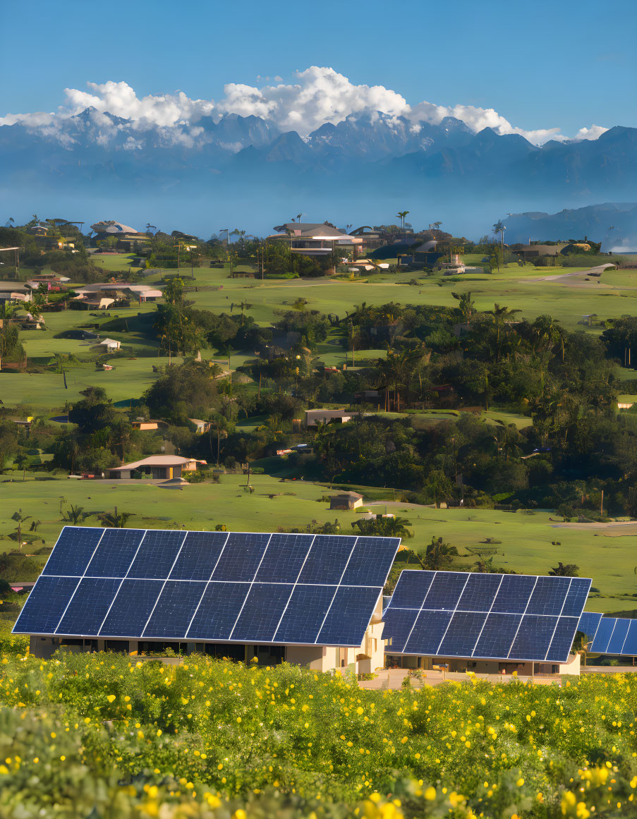 Yellow flowers field with solar panels, houses, and cloudy mountains.