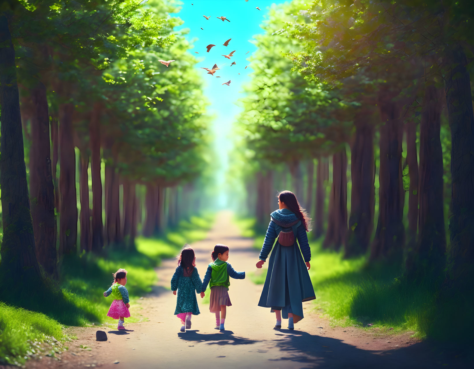 Woman and children strolling under sunlight on tree-lined path