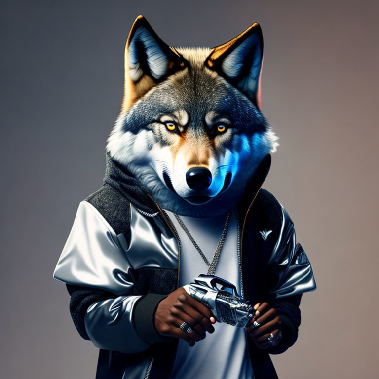 Anthropomorphic wolf in jacket and necklace holding camera