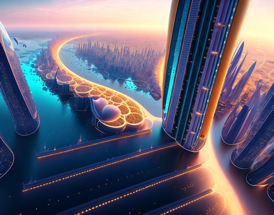 Futuristic Cityscape with Skyscrapers and Illuminated Roads at Sunset