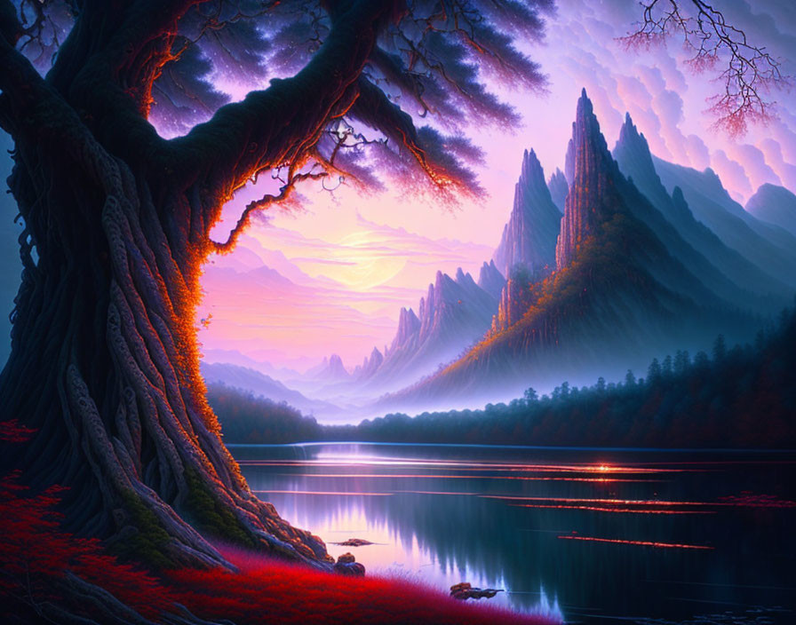 Scenic sunset behind mountain peaks and lake with grand tree in foreground