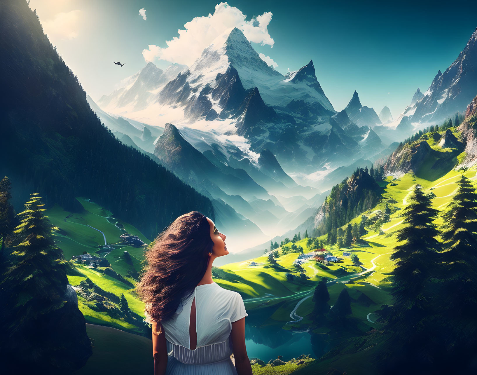 Woman admiring majestic mountain landscape with lush green valleys and snow-capped peaks under clear blue sky.