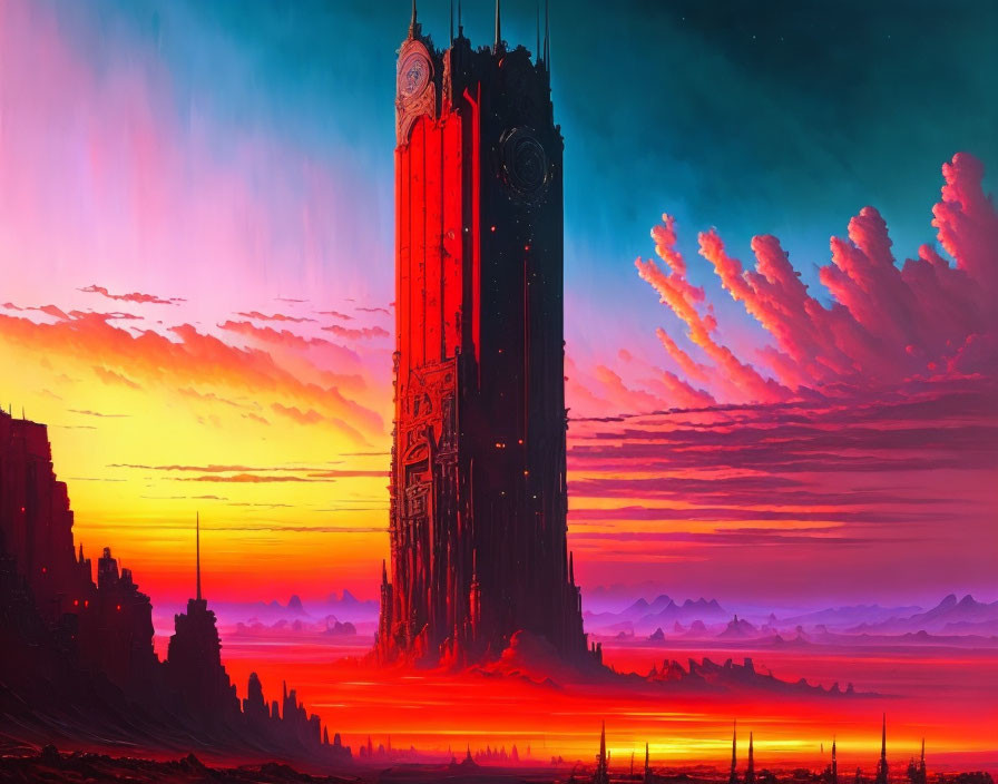 Futuristic skyscraper in vibrant dawn sky with silhouetted buildings.