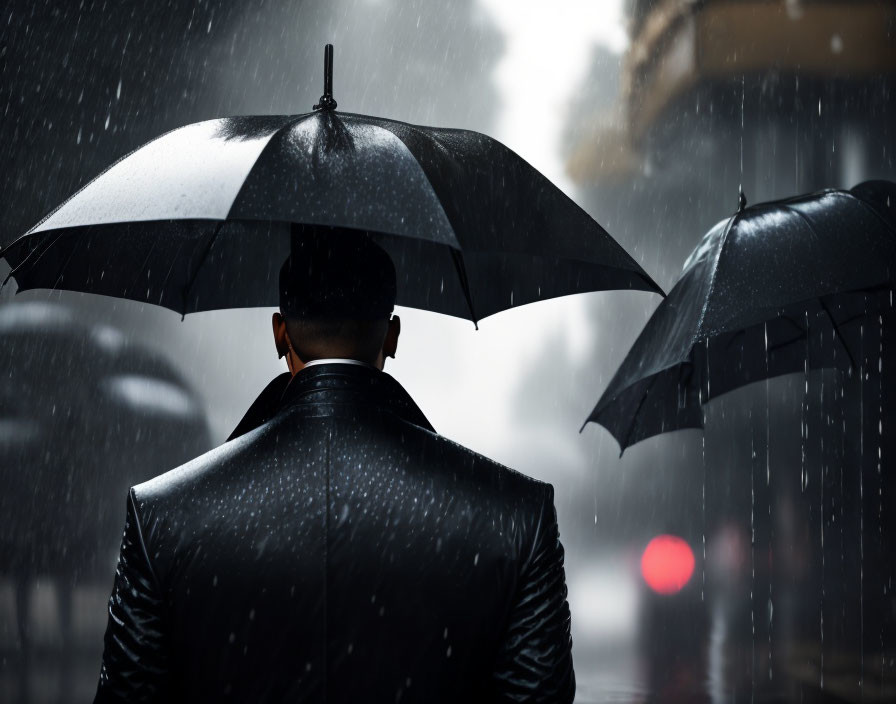 Person holding umbrella in rain with water droplets, urban background