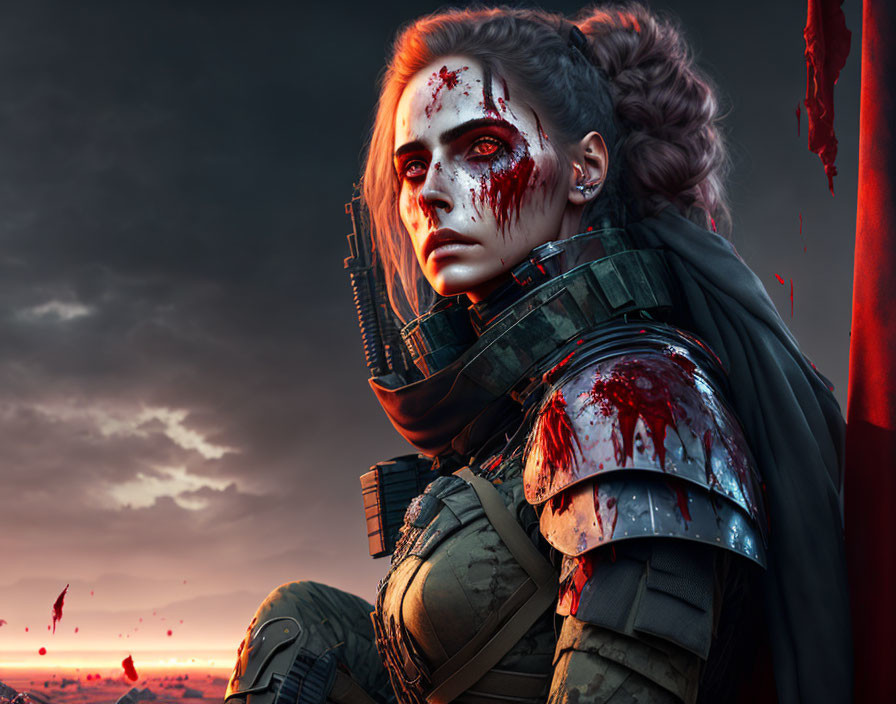 Woman in tactical gear with blood on face in front of dramatic sunset sky