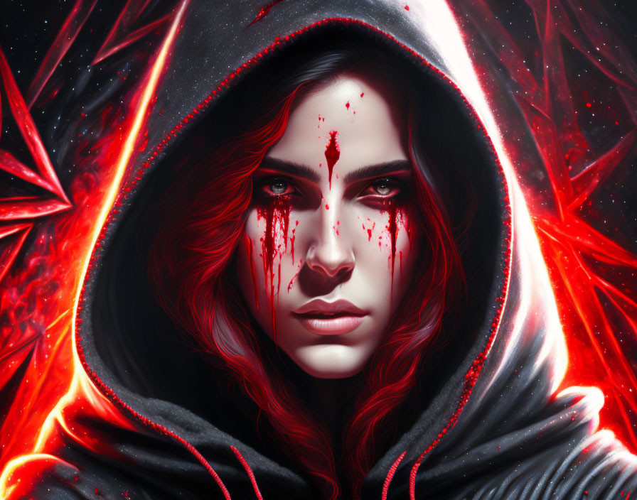 Digital artwork of a woman with hood, intense gaze, and blood against fiery backdrop