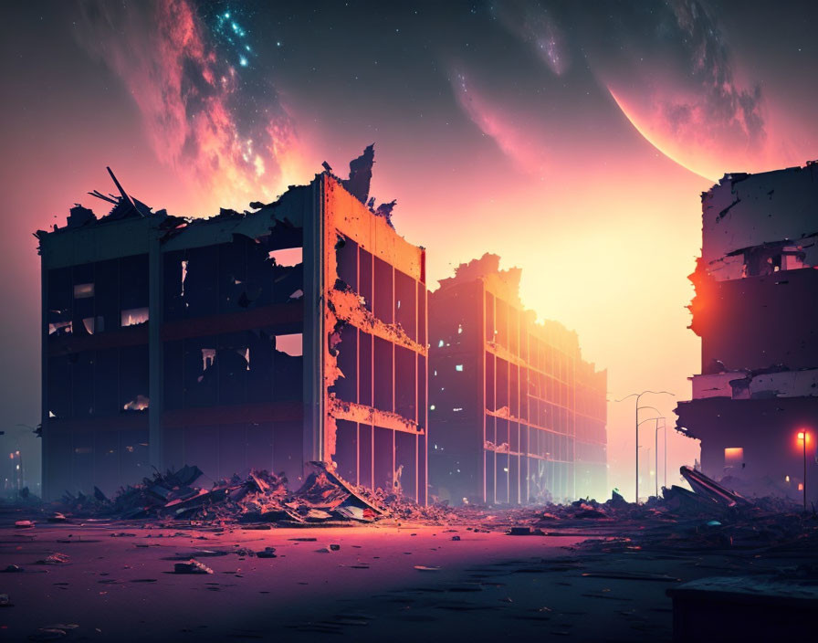 Modern building ruins under pink sky with celestial bodies in post-apocalyptic setting