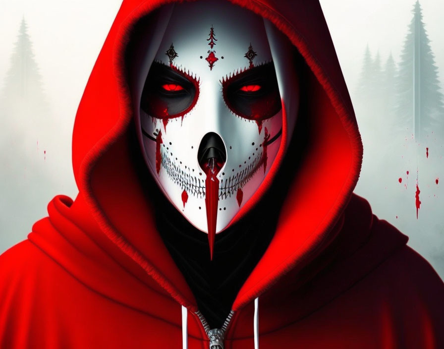 Person in Red Hoodie with White Mask in Foggy Forest